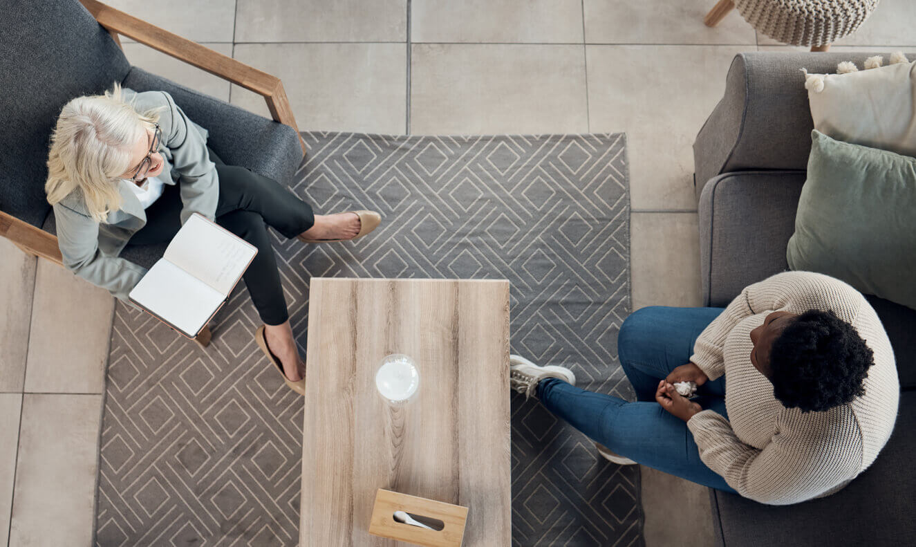 Mental Health Life Coach listening to client and women consulting from above