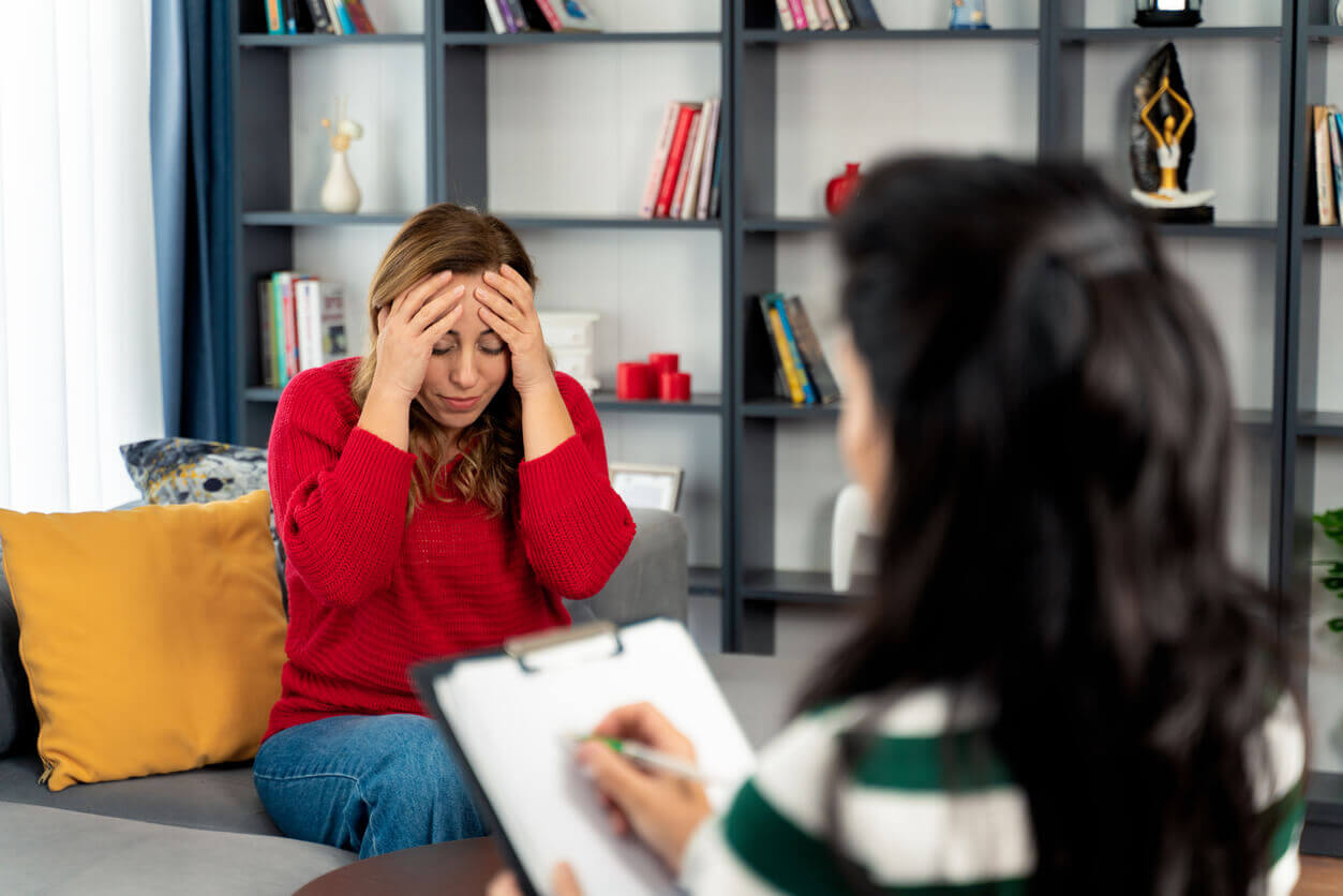 A female adult patient undergoing ADHD testing by a psychotherapis